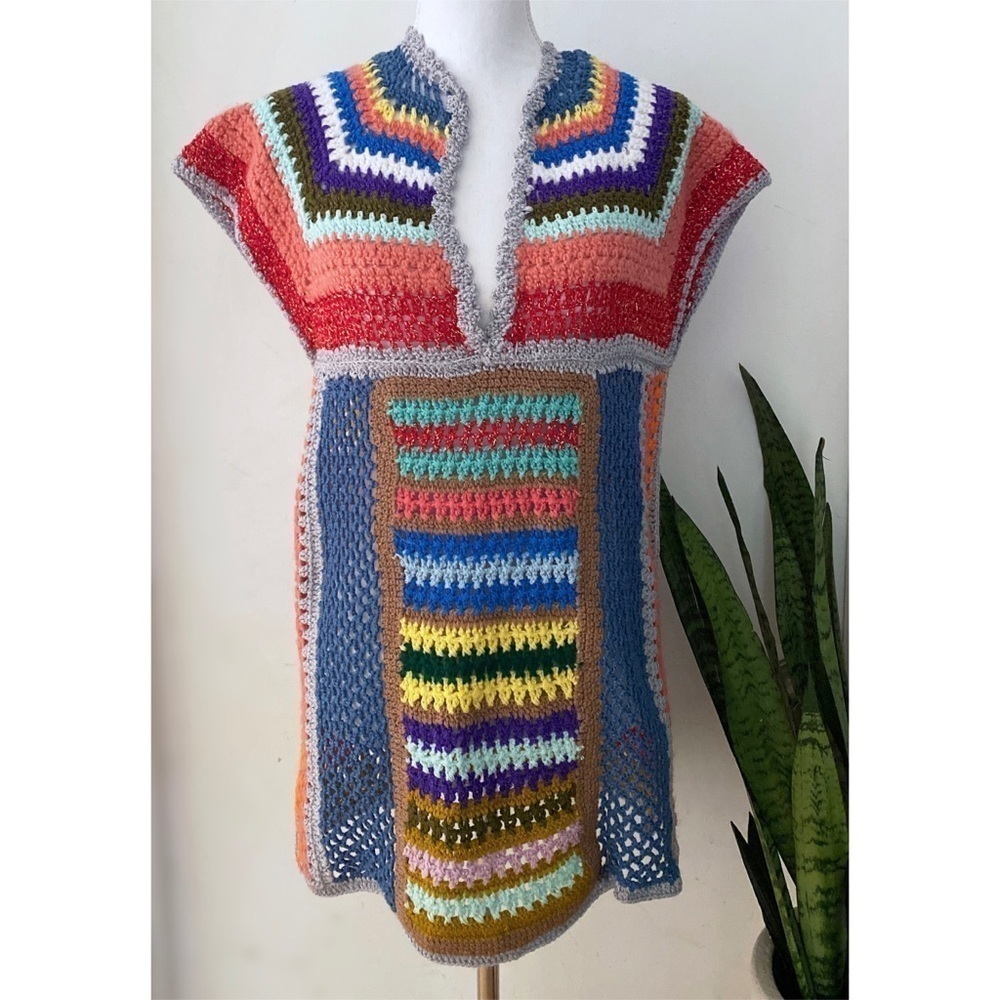 Hand Knitted Crochet Rainbow Swim Cover Tunic OS